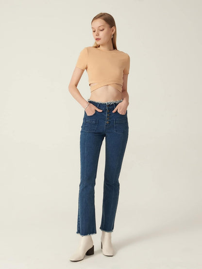 High Waist Cotton Buttoned Bootcut Leg Button Fly Jeans