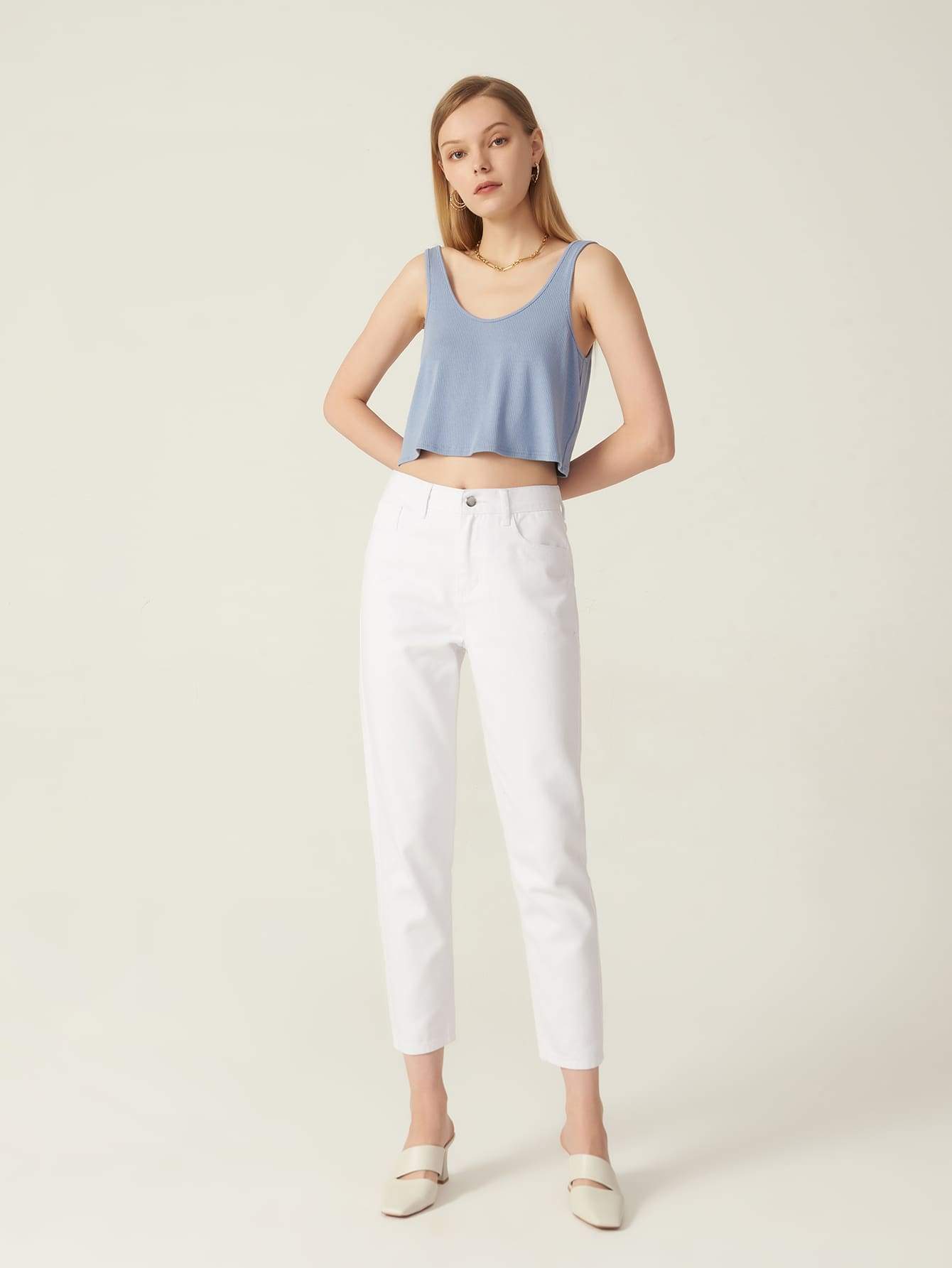 White Cotton High Waist Zipper Fly Cropped Jeans