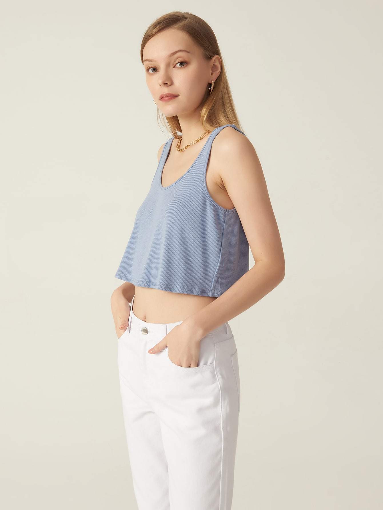 Dusty Blue Rayon Ribbed Cropped Sleeveless Backless Scoop Neck Top