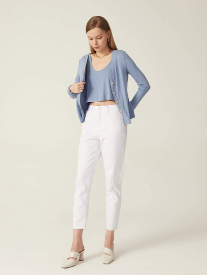 White Cotton High Waist Zipper Fly Cropped Jeans