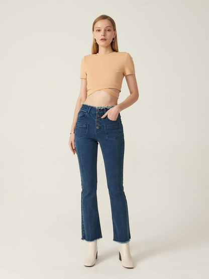 High Waist Cotton Buttoned Bootcut Leg Button Fly Jeans