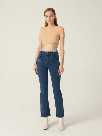 High Waist Cotton Buttoned Bootcut Leg Button Fly Jeans