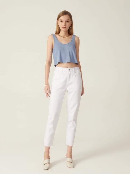 White Cotton High Waist Zipper Fly Cropped Jeans