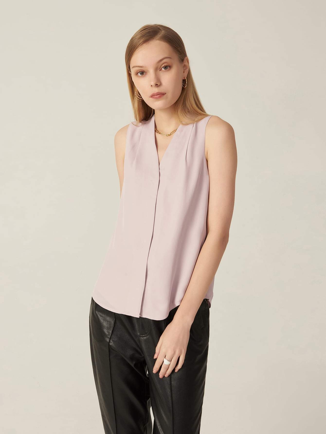 Dusty Purple Sleeveless V-Neck Cotton Blended Fold Pleated Top