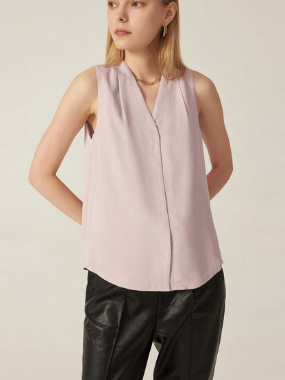 Dusty Purple Sleeveless V-Neck Cotton Blended Fold Pleated Top