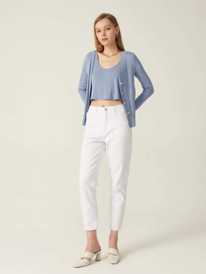 White Cotton High Waist Zipper Fly Cropped Jeans