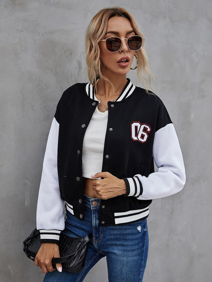 Single Breasted Number Patched Colour Block Drop Shoulder Bomber Jacket