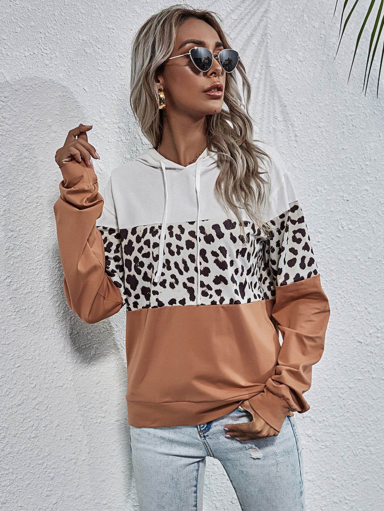 Drop Shoulder Colorblock Leopard Panel Hoodie Sweatshirt