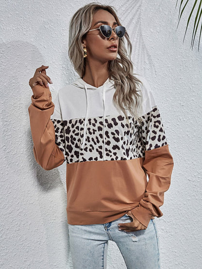 Drop Shoulder Colorblock Leopard Panel Hoodie Sweatshirt