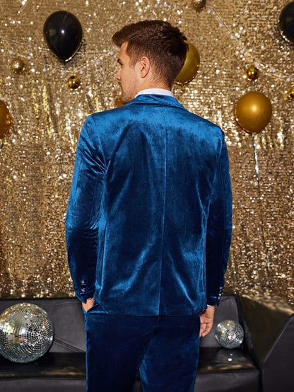 Blue Single Button Peak Collar Velvet Blazer