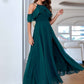 Teal Blue Split Thigh Open Shoulder Ruffle Trim Dress