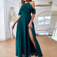 Teal Blue Split Thigh Open Shoulder Ruffle Trim Dress