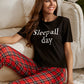 Round Neck Slogan And Plaid Print Pyjama Sleepwear Set
