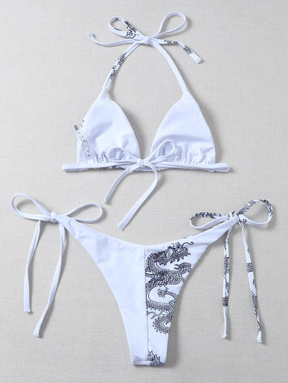 Chinese Dragon Print Halter Neck Micro Triangle Bikini Swimwear