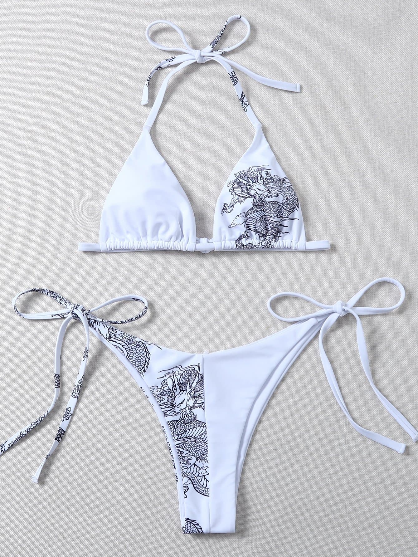 Chinese Dragon Print Halter Neck Micro Triangle Bikini Swimwear