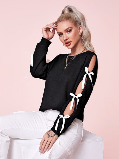 Round Neck Cut Out Sleeve Bow Detail Top