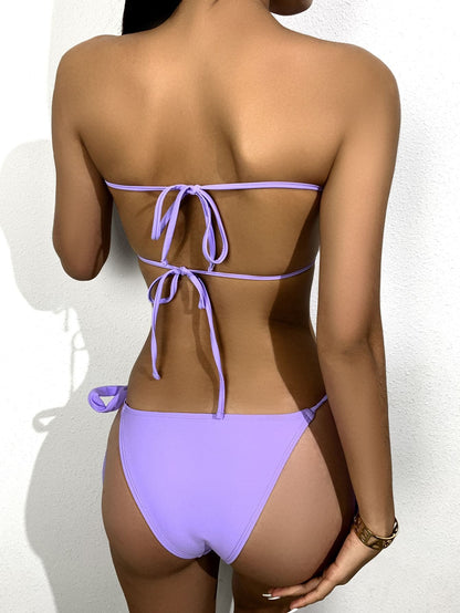 Frill Trim Chain Linked Bandeau Rhinestone Bikini Swimwear