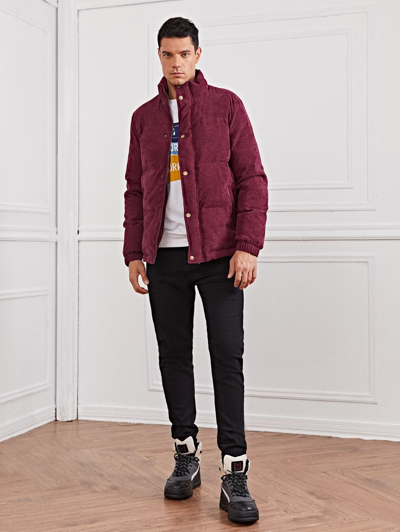 Stand Collar Zip Up Button Front Corduroy Puffer Jacket