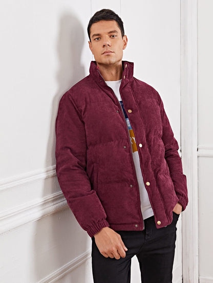 Stand Collar Zip Up Button Front Corduroy Puffer Jacket