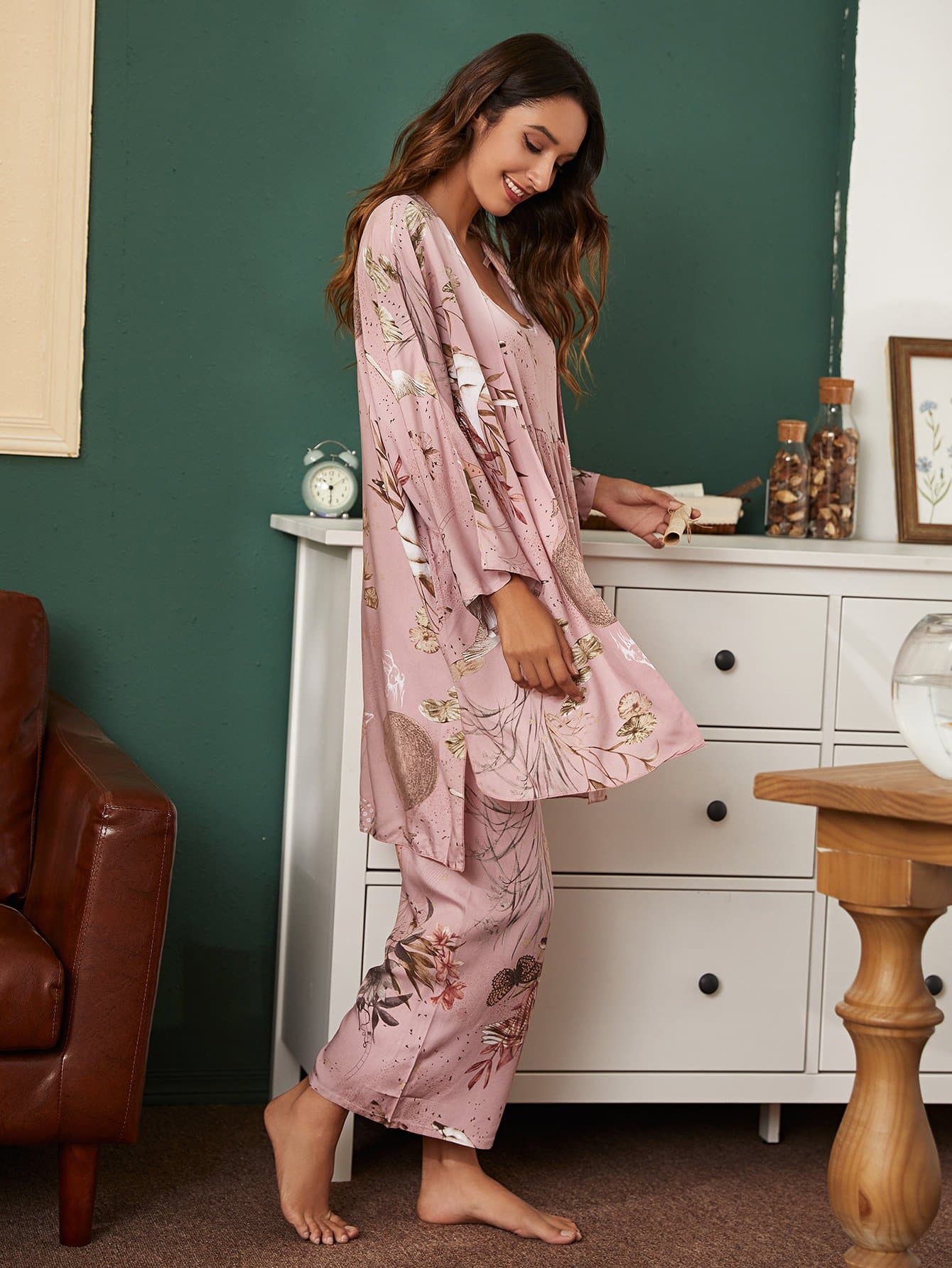Spaghetti Strap 3pcs Plants and Animal Print Pyjama Sleepwear Set with Robe