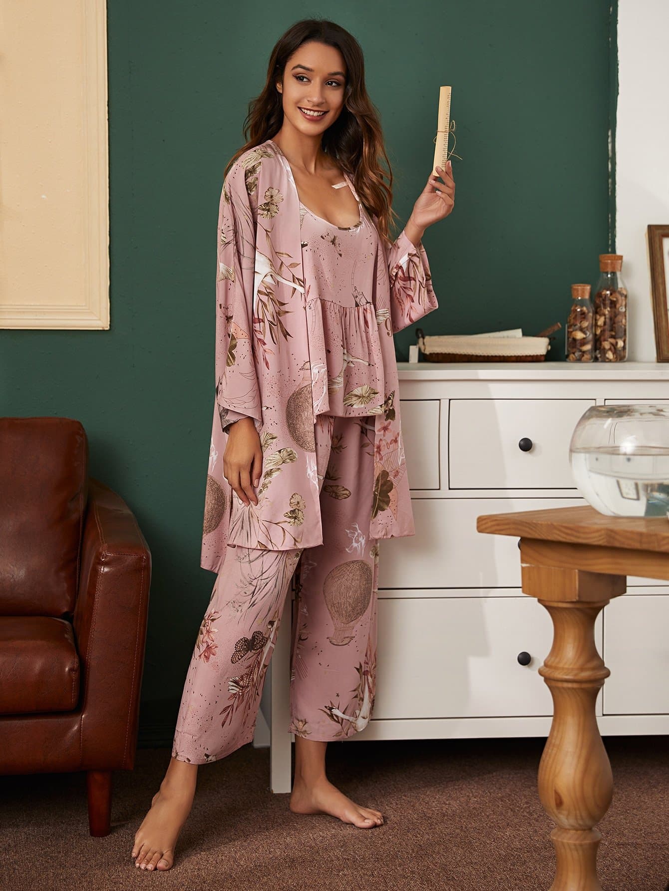 Spaghetti Strap 3pcs Plants and Animal Print Pyjama Sleepwear Set with Robe