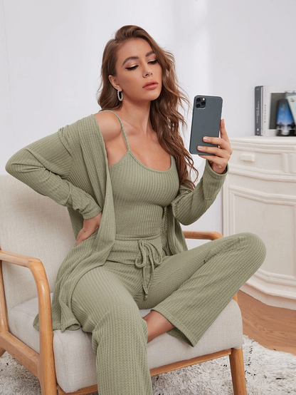 Spaghetti Strap Waffle Knit Cami Top with Pants and Robe Pyjama Sleepwear Set