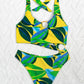 Leaf Print Ring Linked Cut-out One Piece Swimsuit