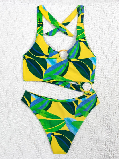 Leaf Print Ring Linked Cut-out One Piece Swimsuit