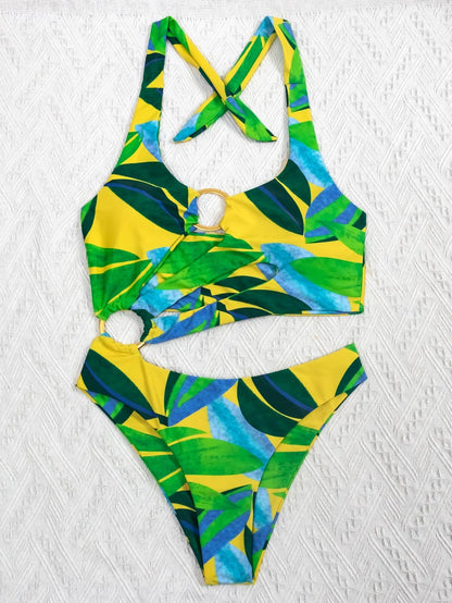 Leaf Print Ring Linked Cut-out One Piece Swimsuit