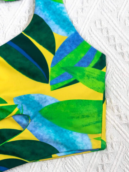 Leaf Print Ring Linked Cut-out One Piece Swimsuit