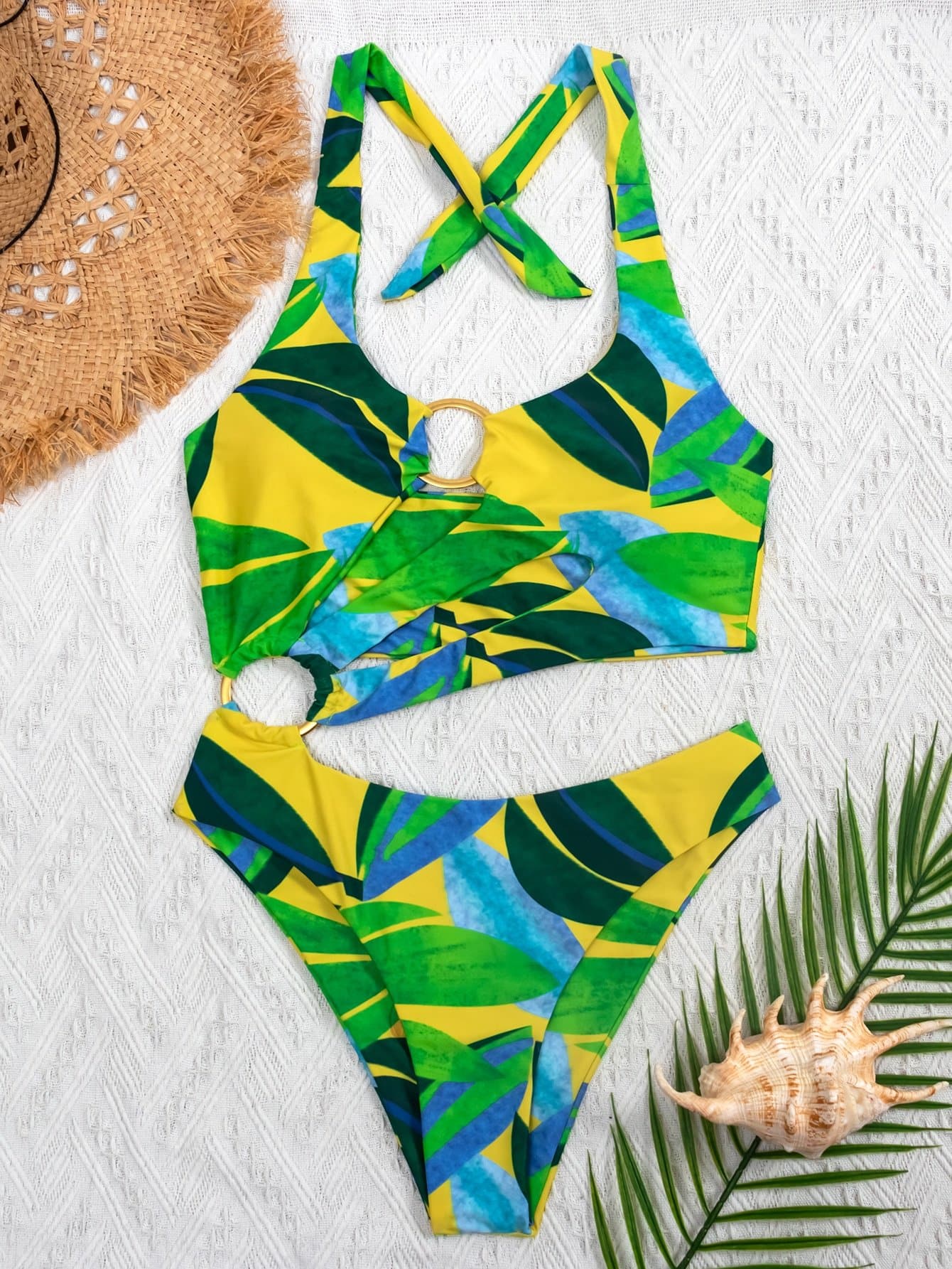 Leaf Print Ring Linked Cut-out One Piece Swimsuit