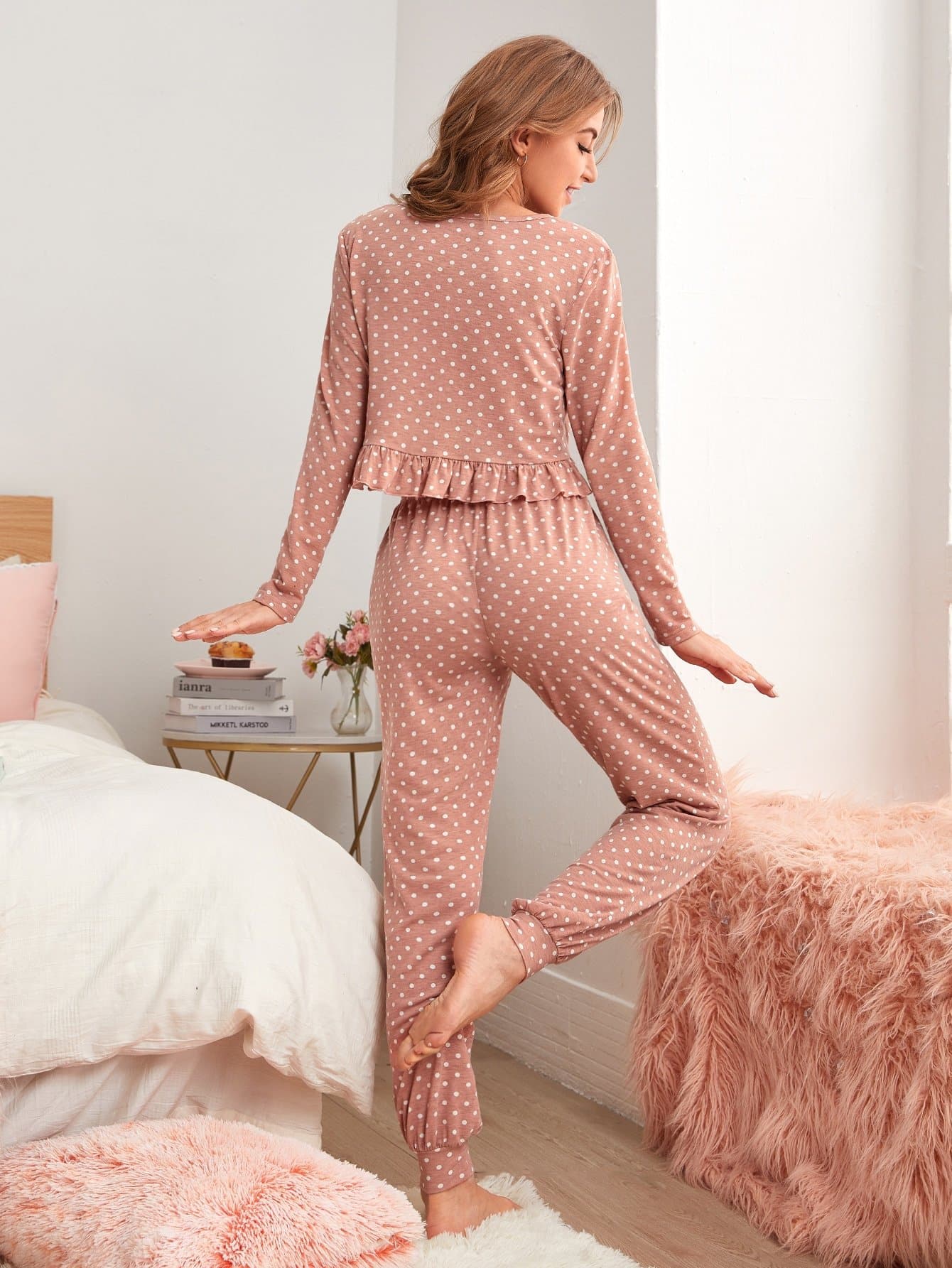 Round Neck Polka Dot Ruffle Hem Top and Trousers Pyjama Sleepwear Set