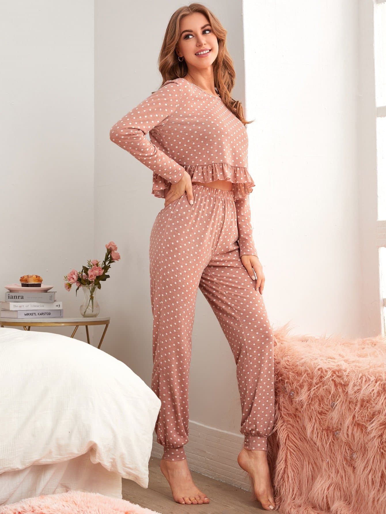 Round Neck Polka Dot Ruffle Hem Top and Trousers Pyjama Sleepwear Set