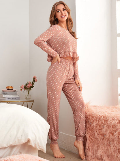 Round Neck Polka Dot Ruffle Hem Top and Trousers Pyjama Sleepwear Set