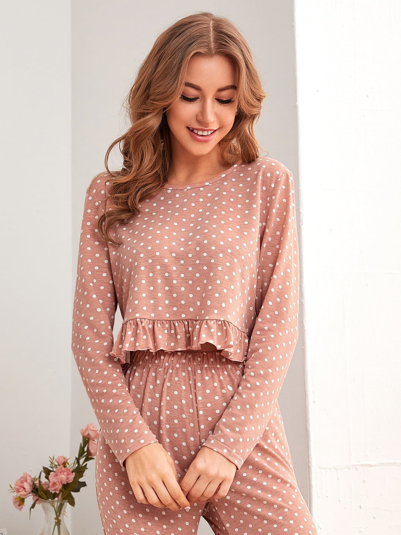 Round Neck Polka Dot Ruffle Hem Top and Trousers Pyjama Set