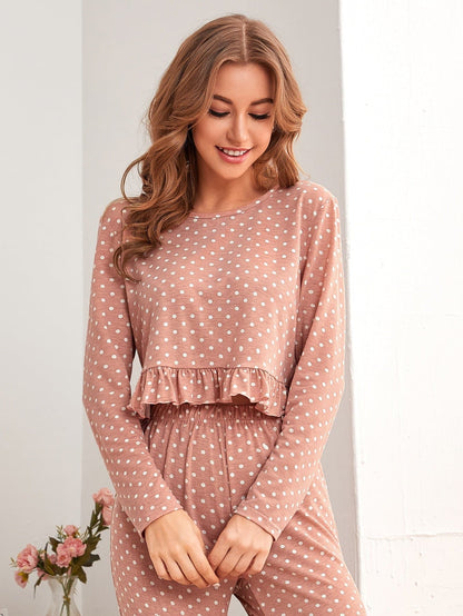 Round Neck Polka Dot Ruffle Hem Top and Trousers Pyjama Sleepwear Set