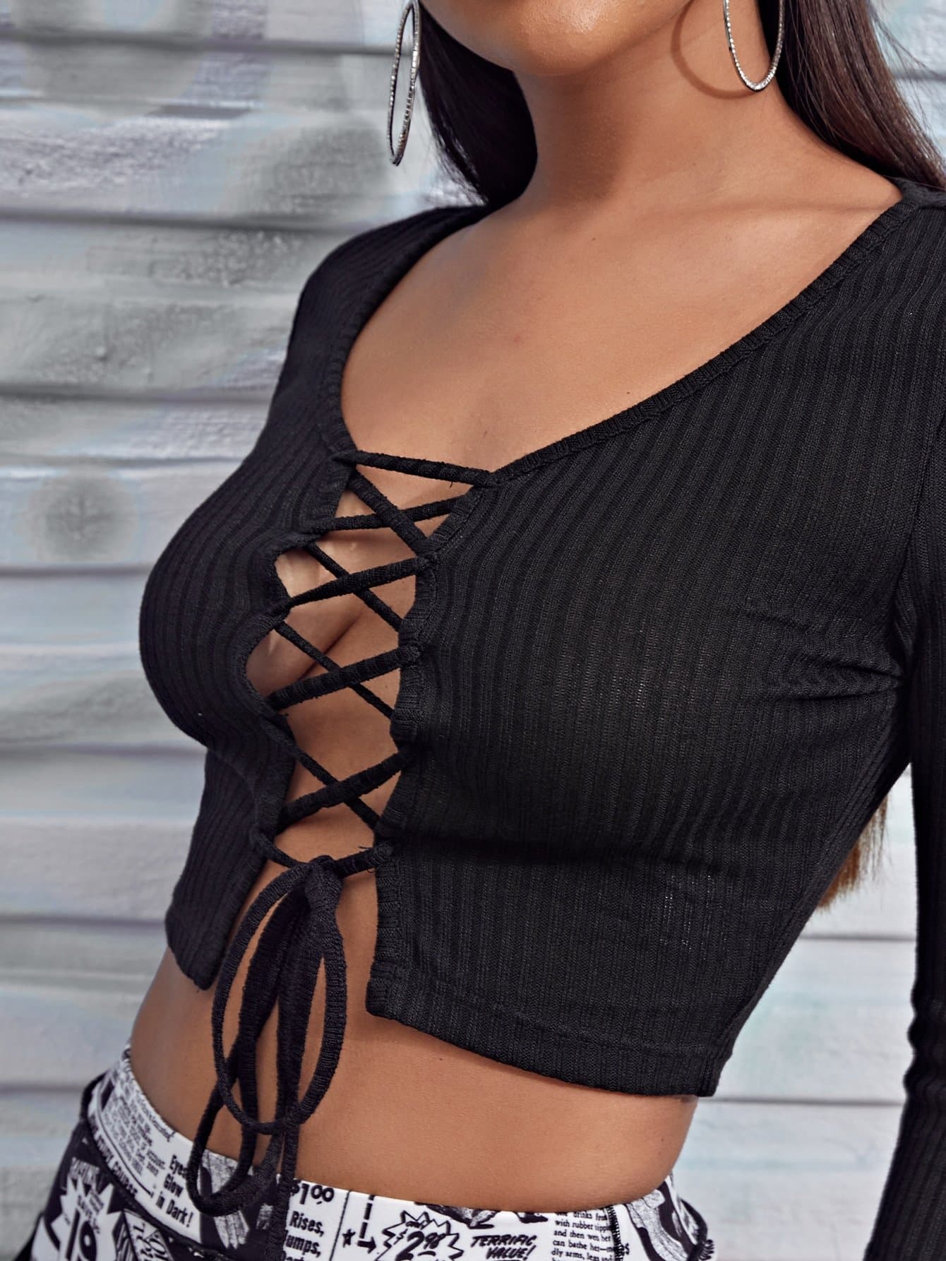 Lace Up Front Rib-knit Slim Fit Crop Top