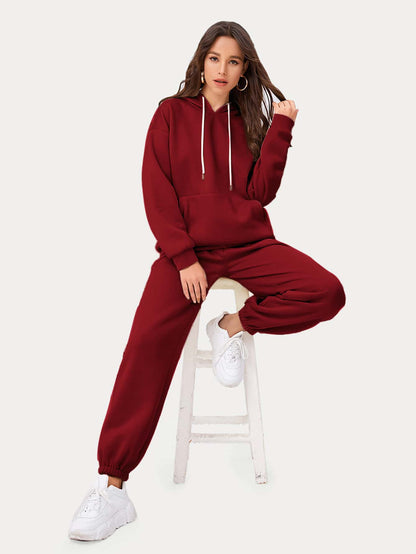 Drop Shoulder Pouch Pocket Drawstring Hoodie and Joggers Set