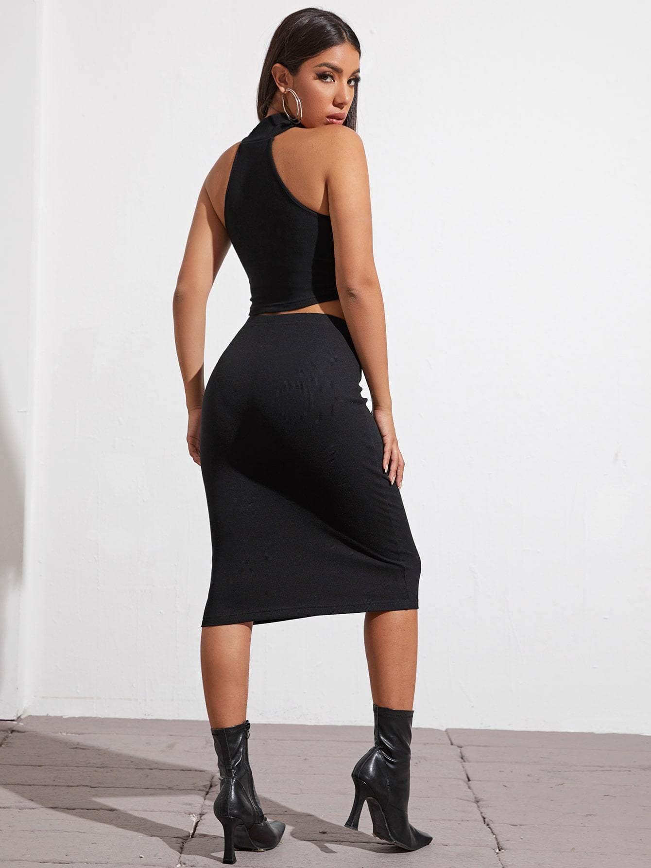 Sleeveless Slim Fit Crop Halter Top and Pencil Skirt Set