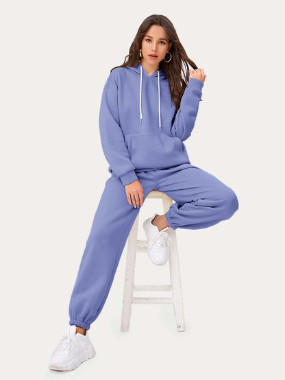 Drop Shoulder Pouch Pocket Drawstring Hoodie and Joggers Set