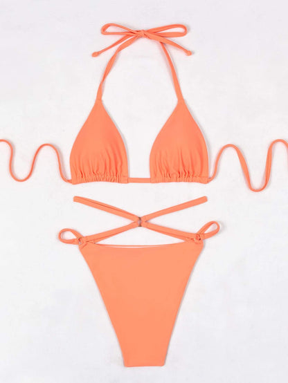 Halter Neck Ring Linked Triangle Thong Bikini Swimwear