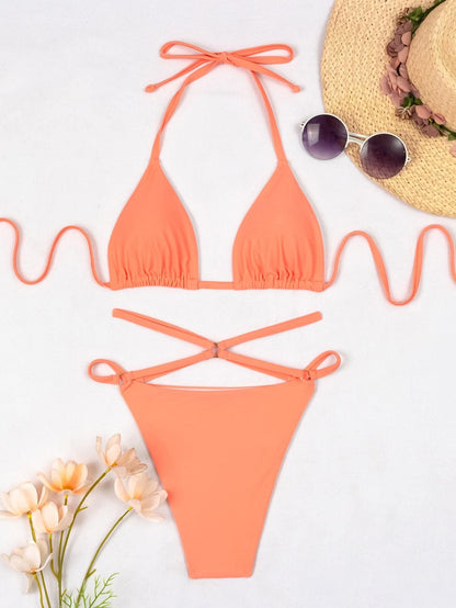 Halter Neck Ring Linked Triangle Thong Bikini Swimwear