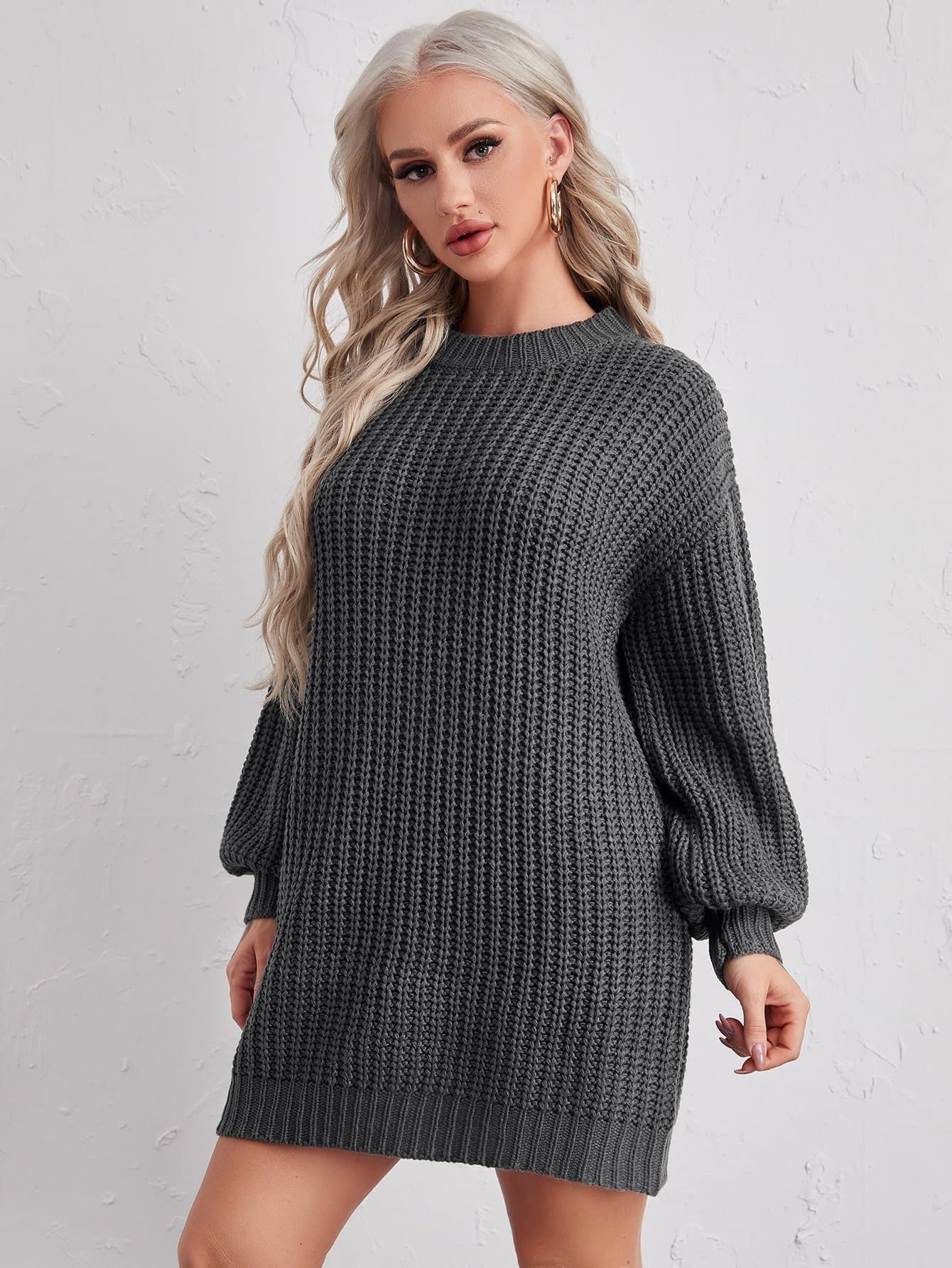Drop Shoulder Round Neck Lantern Sleeve Solid Sweater Dress