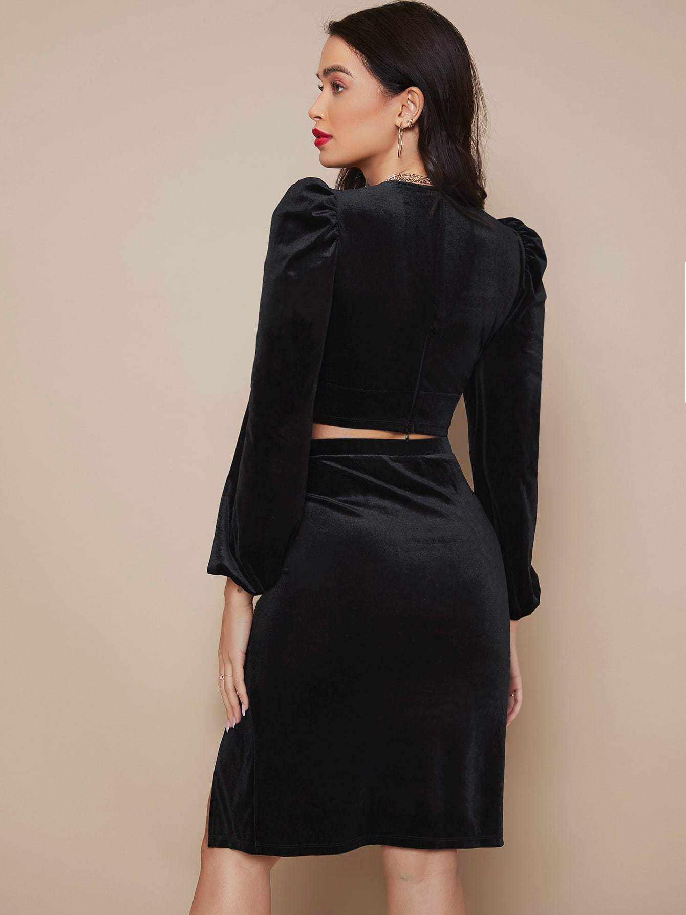 V-neck Puff Sleeve Velvet Slim Fit Crop Top and Ruched Split Thigh Skirt Set