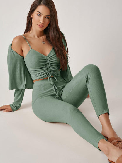 Spaghetti Strap Drawstring Knot Ruched Cami Top and Leggings Set With Coat