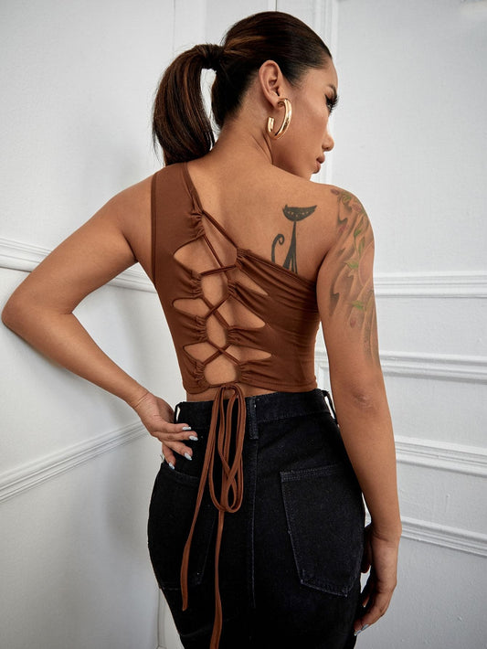 Sleeveless One Shoulder Lace Up Backless Slim Fit Top