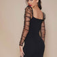 Ruched Sheer Mesh Gigot Sleeve Slim Fit Dress