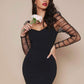 Ruched Sheer Mesh Gigot Sleeve Slim Fit Dress