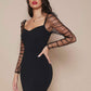 Ruched Sheer Mesh Gigot Sleeve Slim Fit Dress