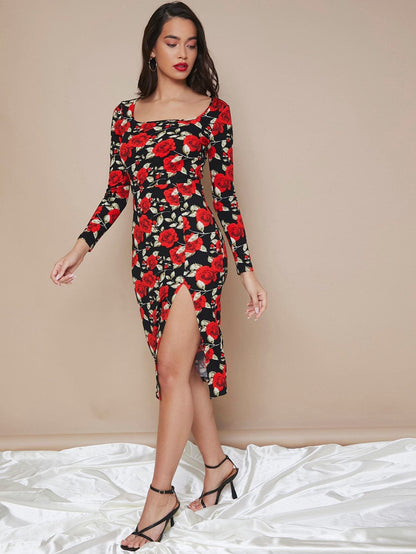 Scoop Square Neck Split Thigh Allover Floral Print Slim Fit Dress